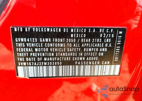 2015 Volkswagen Jetta Base z USA, uszkodzony, nr VIN 3VW1K7AJ2FM303850